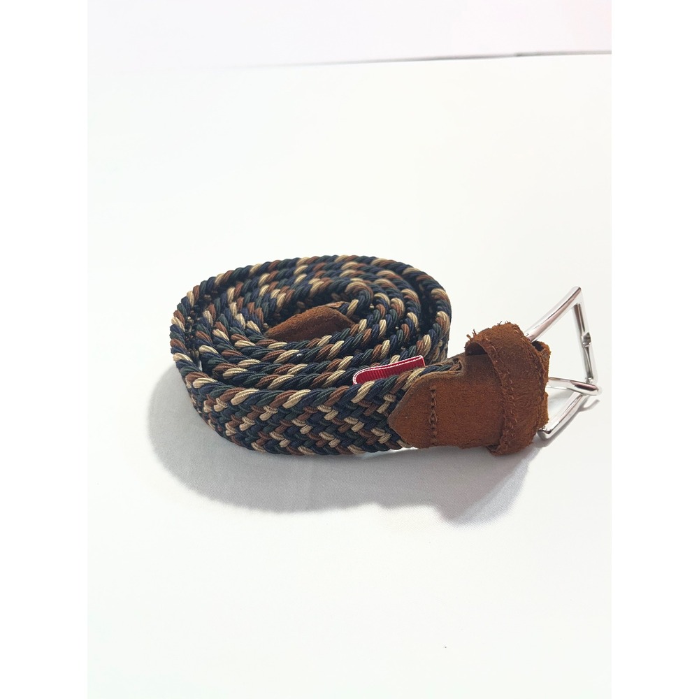 Pelle Men Braided Elastic Belt Navy Tan Woven Leather Trim Italy Made 36" Classy